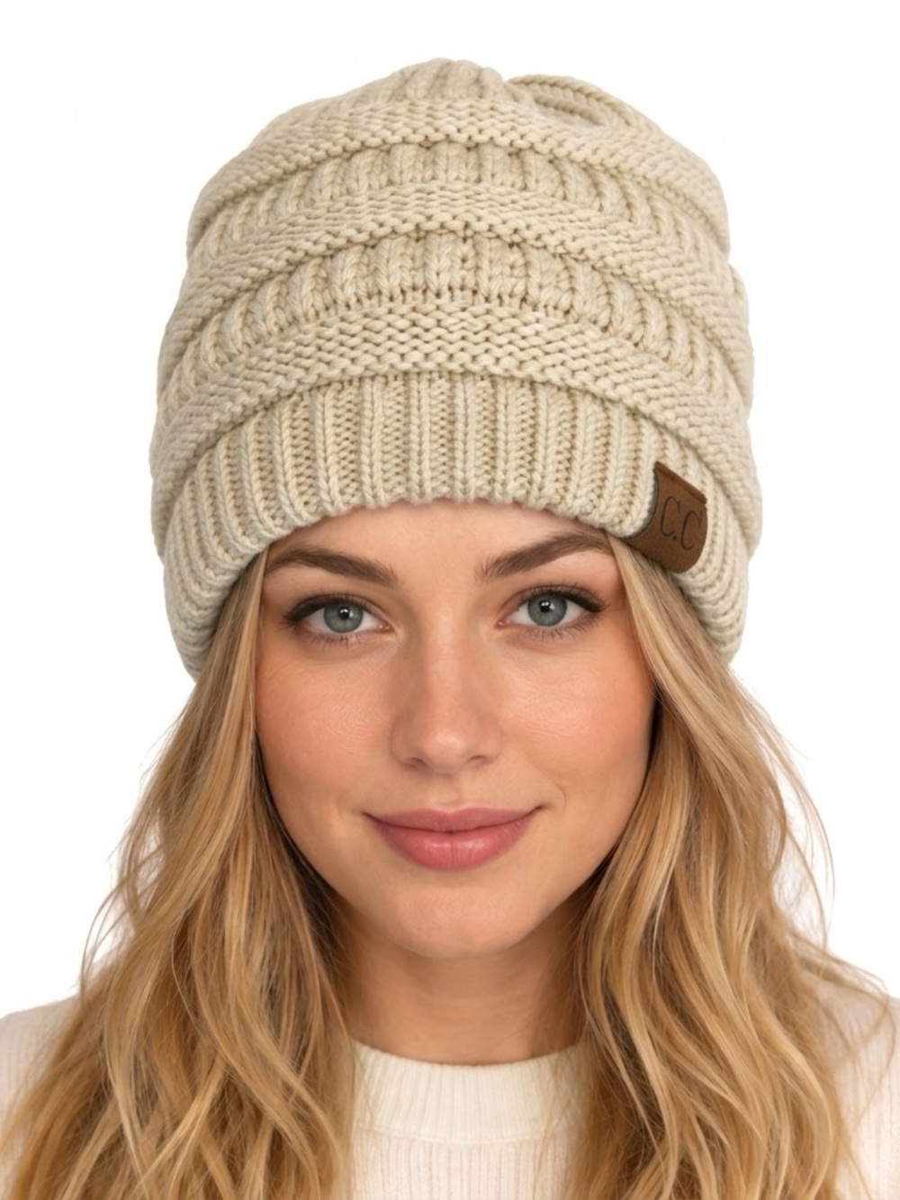 C.C Exclusives Beige Chunky Cable Knit Beanie Hat Winter Neutral Cozy Outdoors
